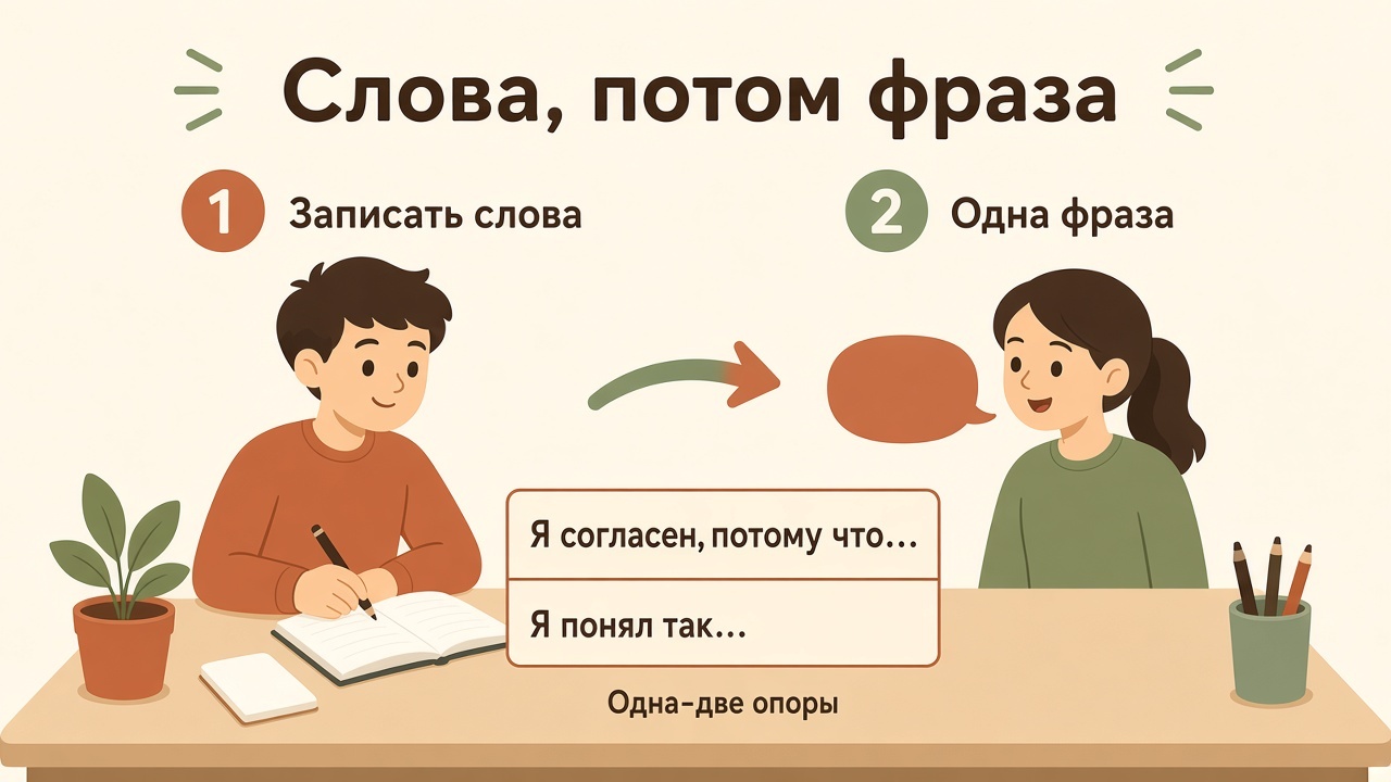 Ребёнок говорит одну фразу партнёру, на столе две короткие карточки-опоры