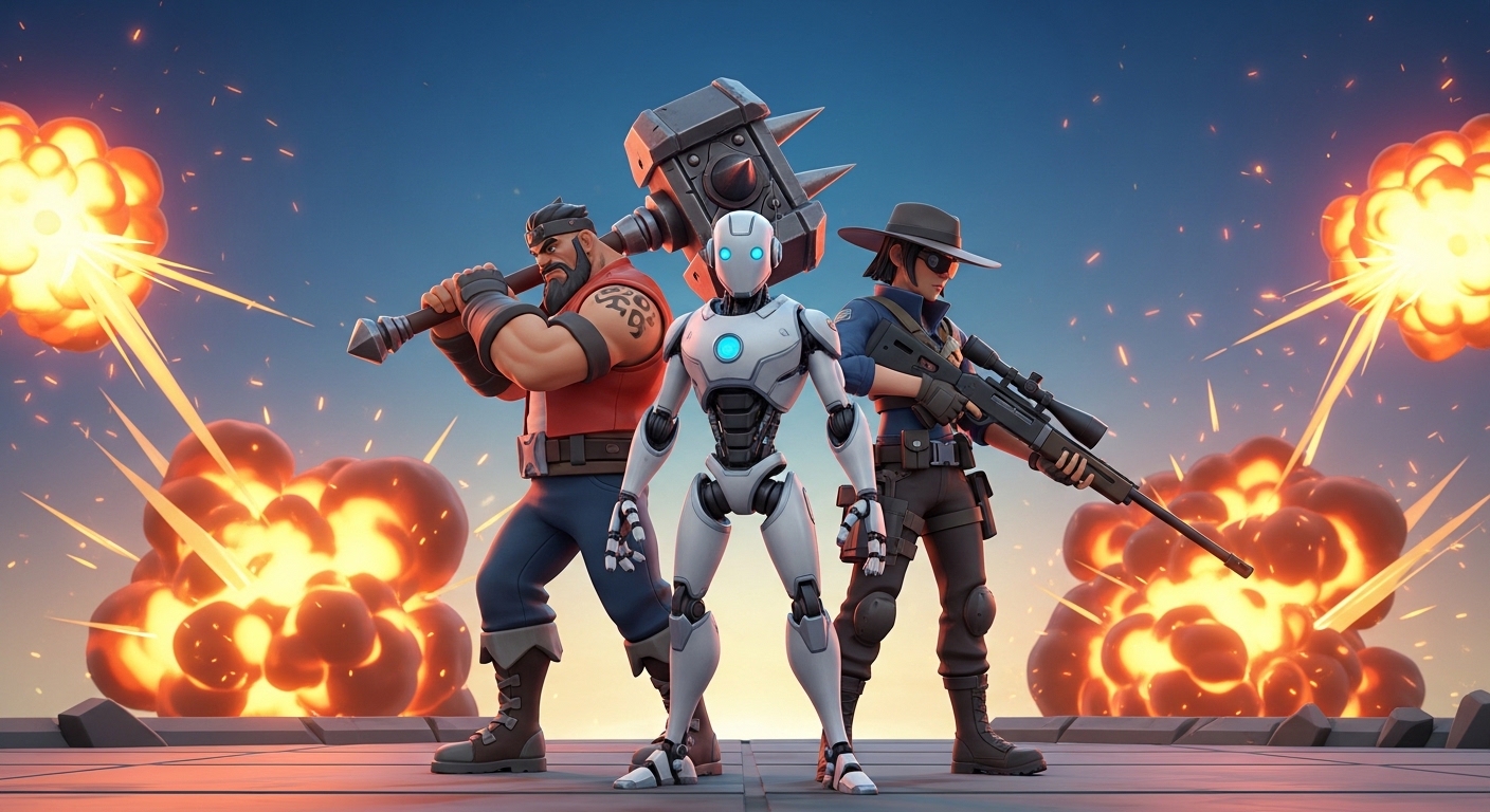 Три мультяшных персонажа стоят спина к спине на арене, готовые к командному сражению.