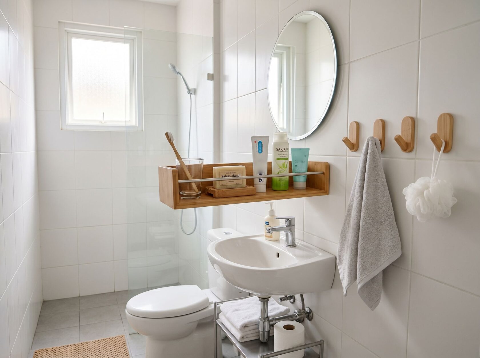 Rak tempel dan hook estetik murah untuk kamar mandi kecil