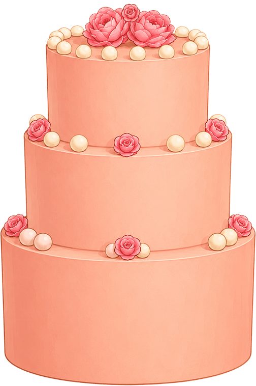 A delicious children's illustration of a cake in pink cream, with delicate chocolate balls and cream roses and peonies