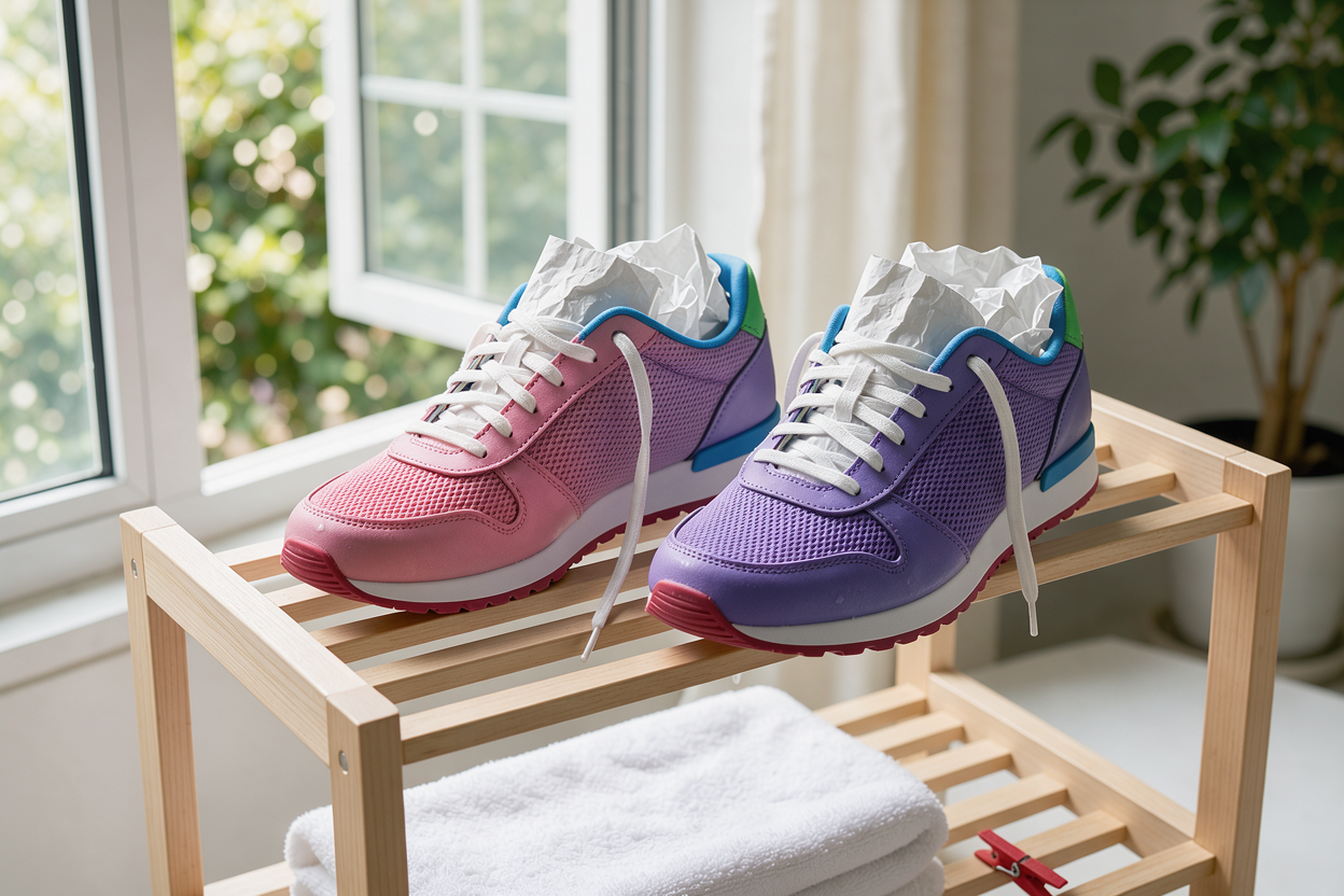 pair of sneakers air-drying on a wooden rack near an open window, paper stuffed inside to keep the shape, bright natural daylight but no direct sun on shoes