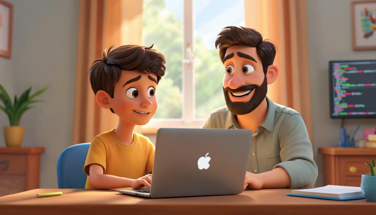 Как мотивировать ребенка делать домашнее задание по программированию без криков: родитель в роли наставника спокойно помогает школьнику, выстраивая мотивацию к учебе.