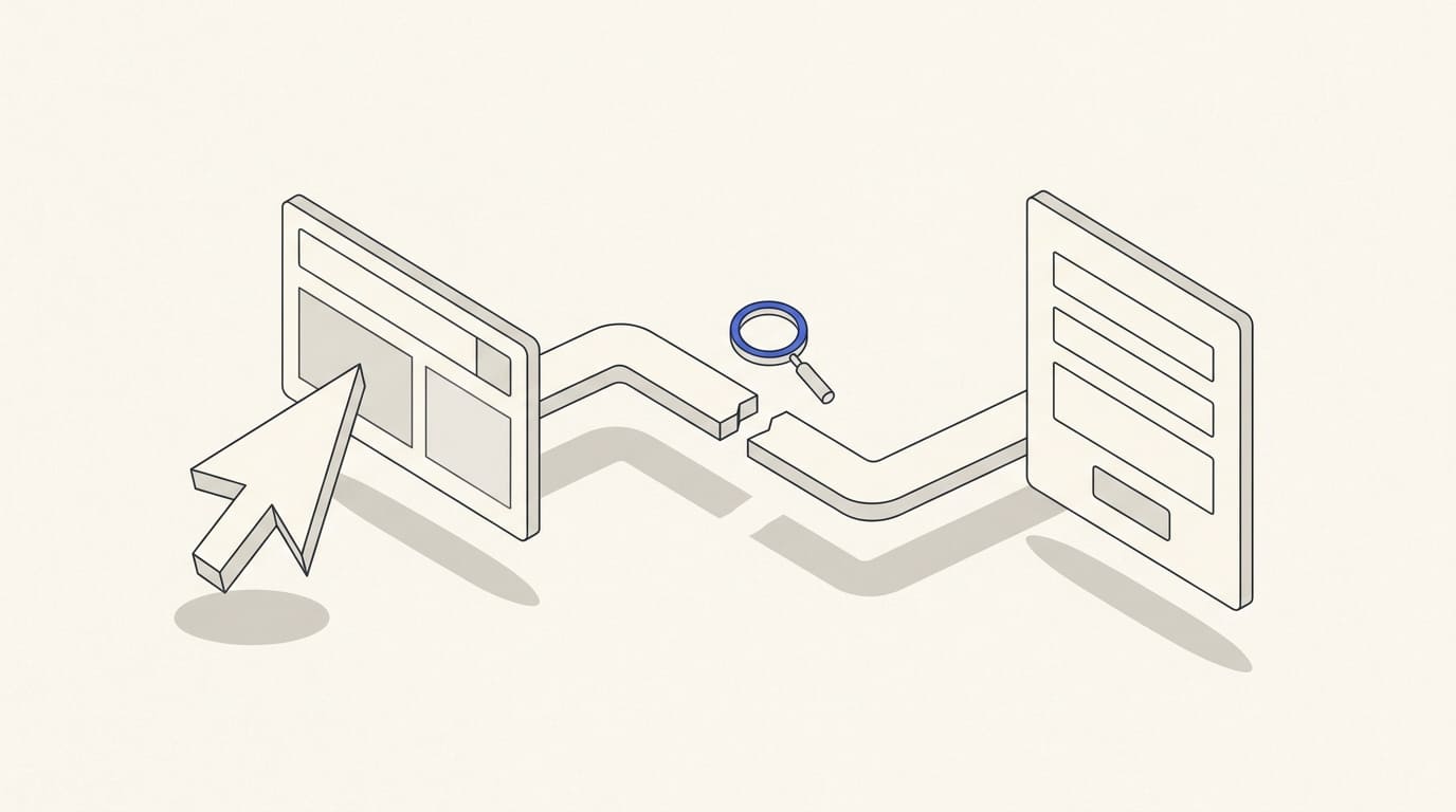 An advertising card and a website form with a magnifying glass highlighting a gap in their connection.