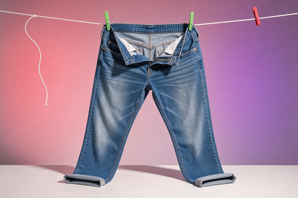Freshly laundered jeans hanging to air dry on a clothesline in the shade, showing inside-out drying and smooth seams, no direct sunlight or machines visible