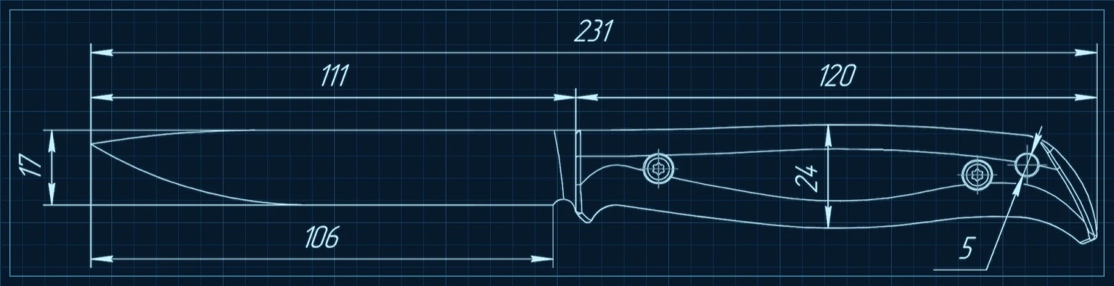 Kizlyar Supreme Companero technical drawing showing overall length, blade, cutting edge and handle dimensions