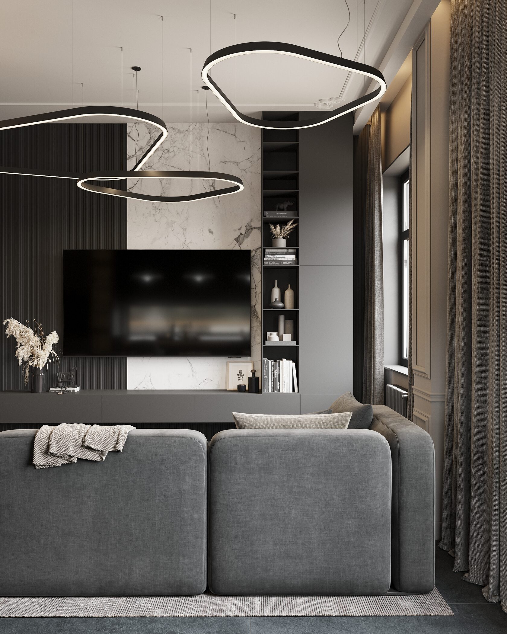 Зона телевизора с мрамором и черными рейками