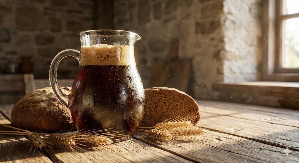 Кувшин с темным хлебным квасом и ржаной хлеб на деревянном столе