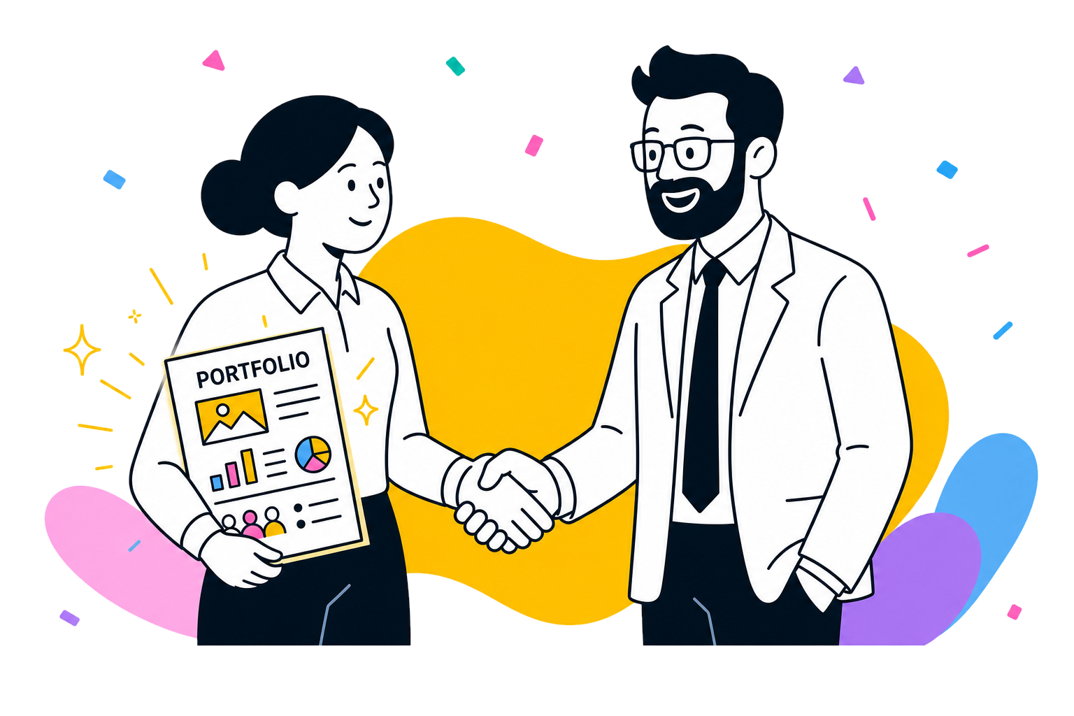 Кандидатка с портфолио пожимает руку работодателю
