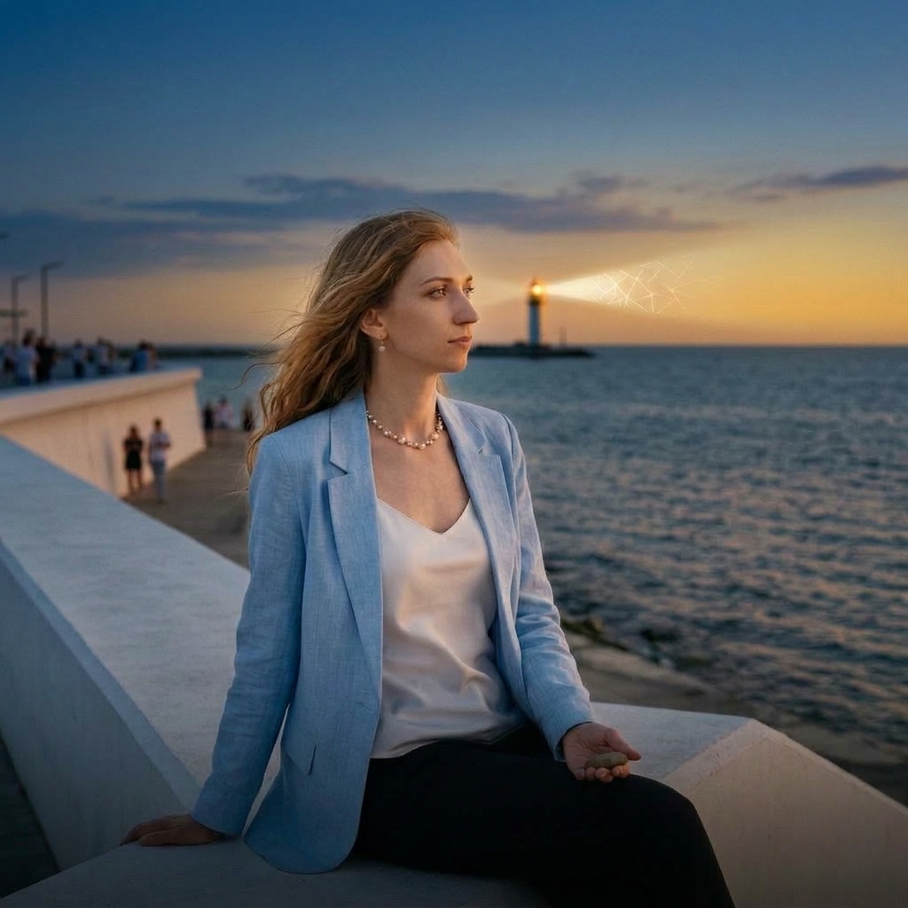 Елена Сноу на фоне моря и заката