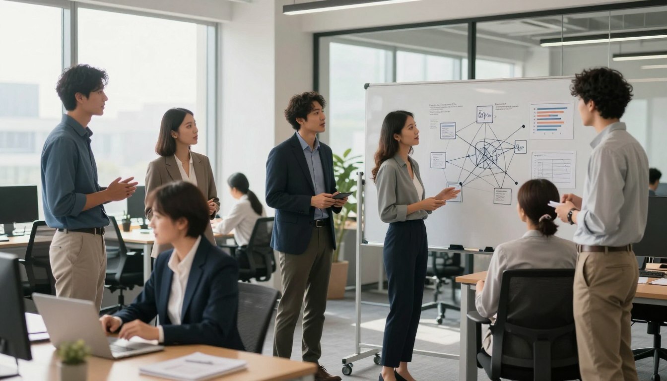 A modern office environment bustling with activity