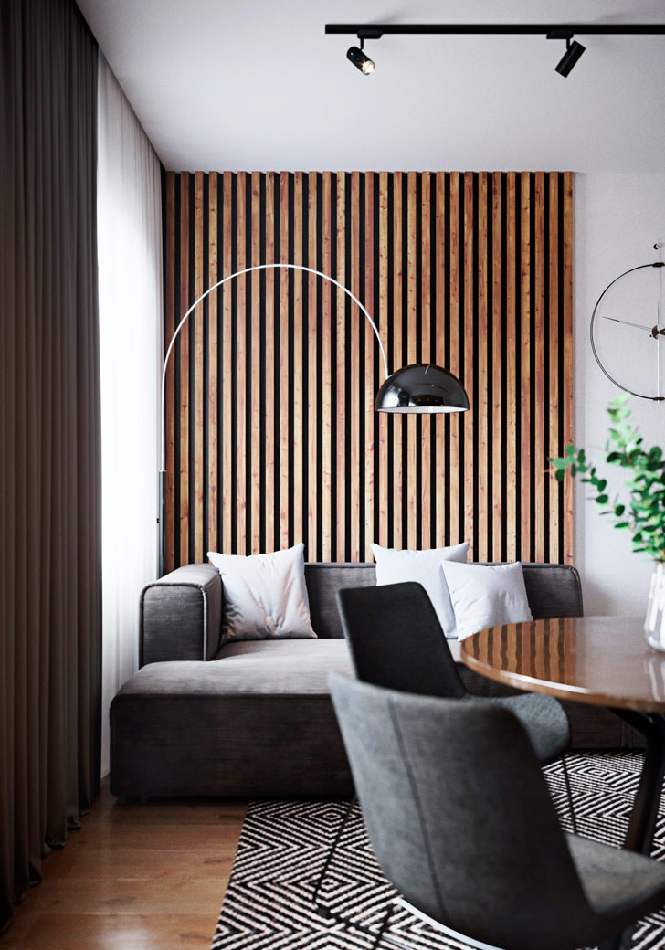 Дизайн гостиной с рейками на стене фото