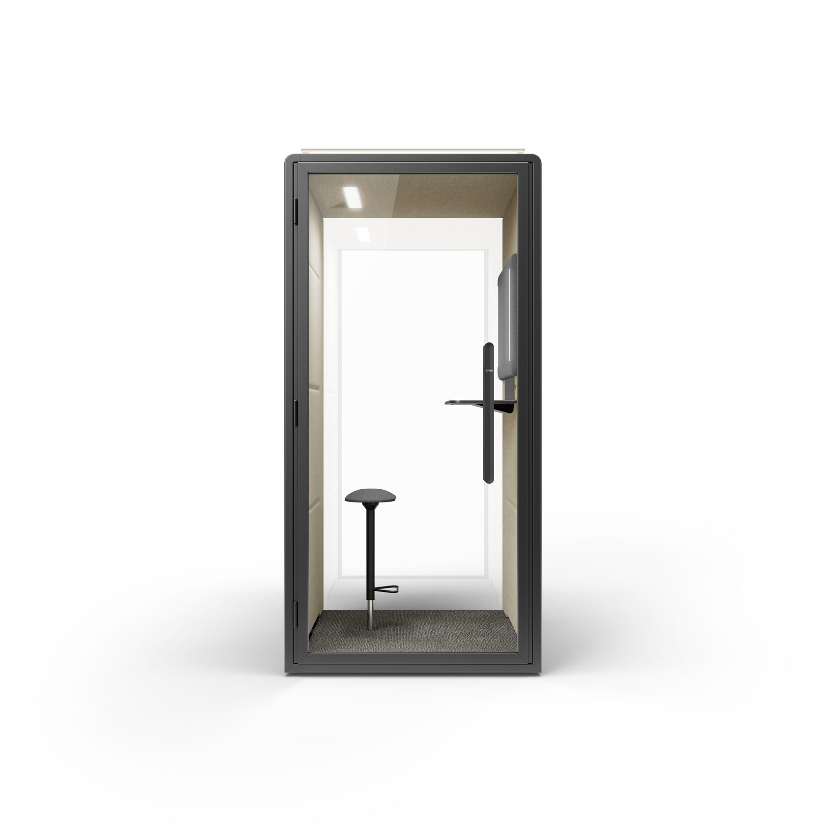 Render of single acoustic pod with standing-height stool and a wall-mounted monitor