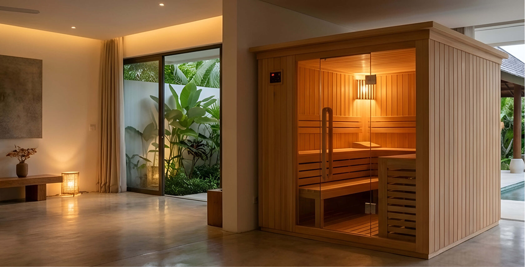 Sebuah sauna kayu luar ruangan yang modern dengan dinding kaca penuh, menampilkan interior berlampu hangat dengan pemandangan kolam renang mewah и taman tropis di malam hari.