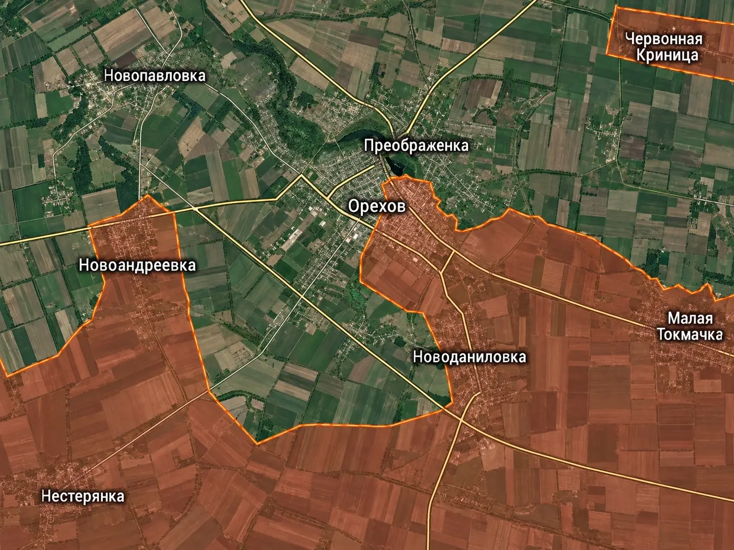 Карта Ореховского участка с населёнными пунктами Орехов, Новоданиловка, Малая Токмачка и Червонная Криница