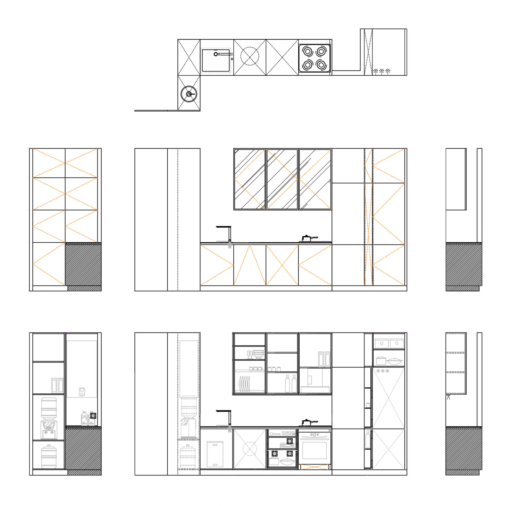 Dessin technique d’une cuisine sur mesure avec intégration des rangements et optimisation de la profondeur