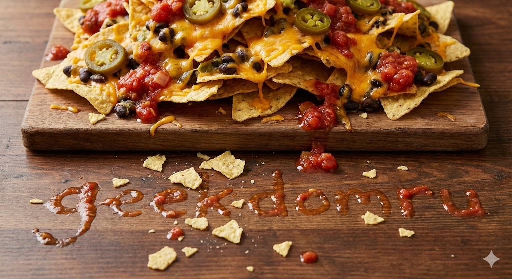 Большая тарелка начос с сыром и соусом для просмотра Евровидения.