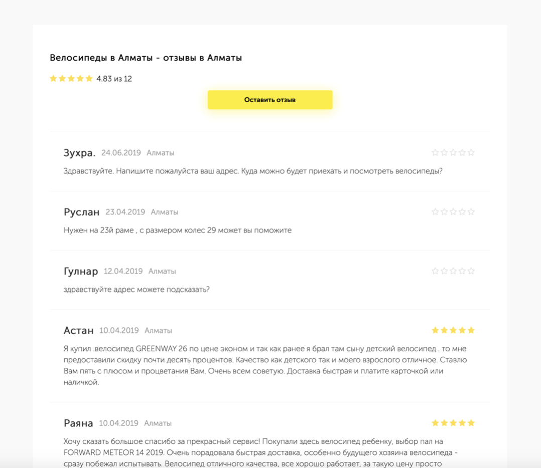 Отзывы на велосипеды уникальны для каждого города