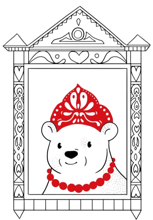 russian bear looking out of the window in kokoshnik