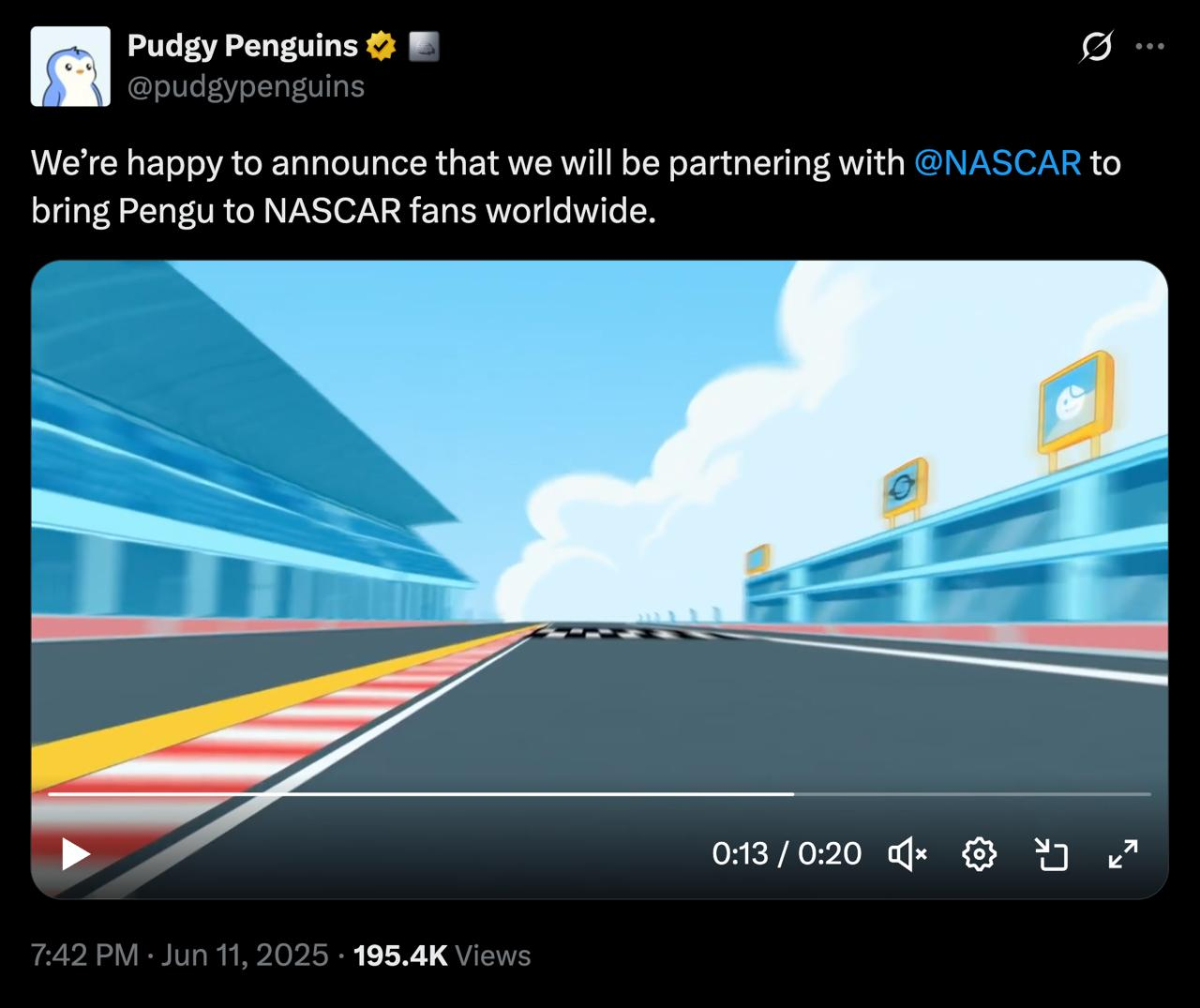 Digital Pudgy Penguins characters racing in NASCAR-themed designs