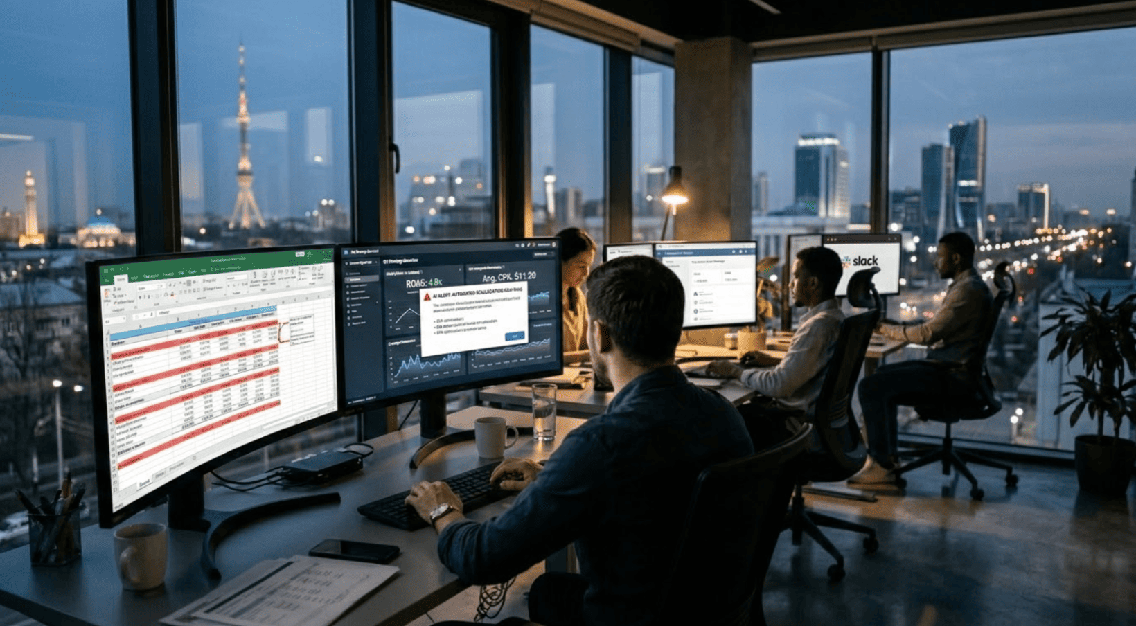 An autonomous marketing AI dashboard running campaign optimization overnight in a Tashkent office, representing the 24/7 operational model replacing traditional agency retainer structures.