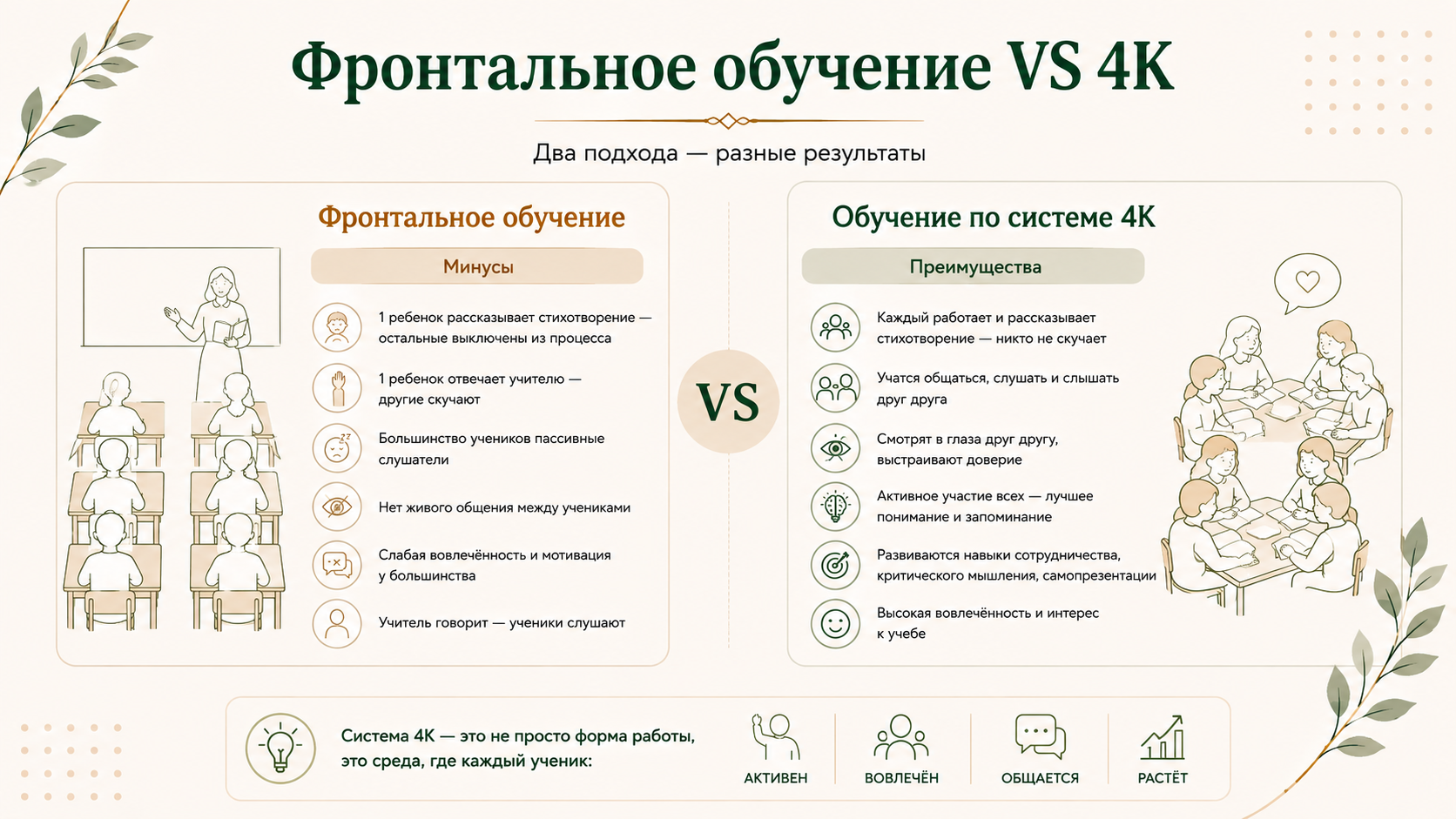 Сравнение фронтального обучения и системы 4К