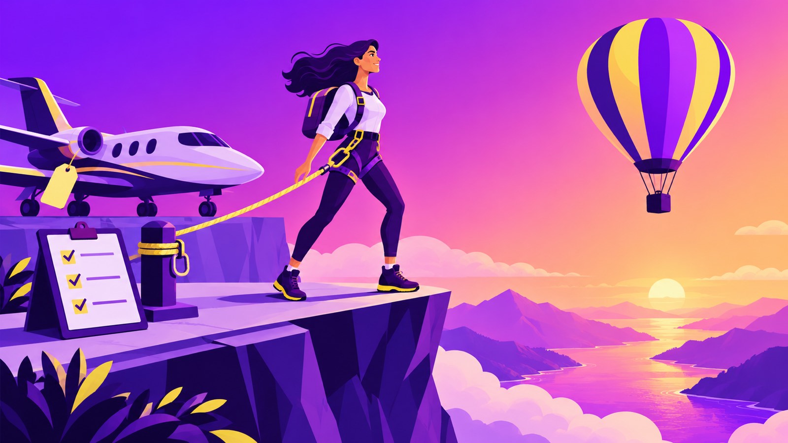 Screw It, Let's Do It summary illustration: a woman founder in a safety harness steps to a cliff edge toward a hot-air balloon, next to a tagged rental jet and a checklist