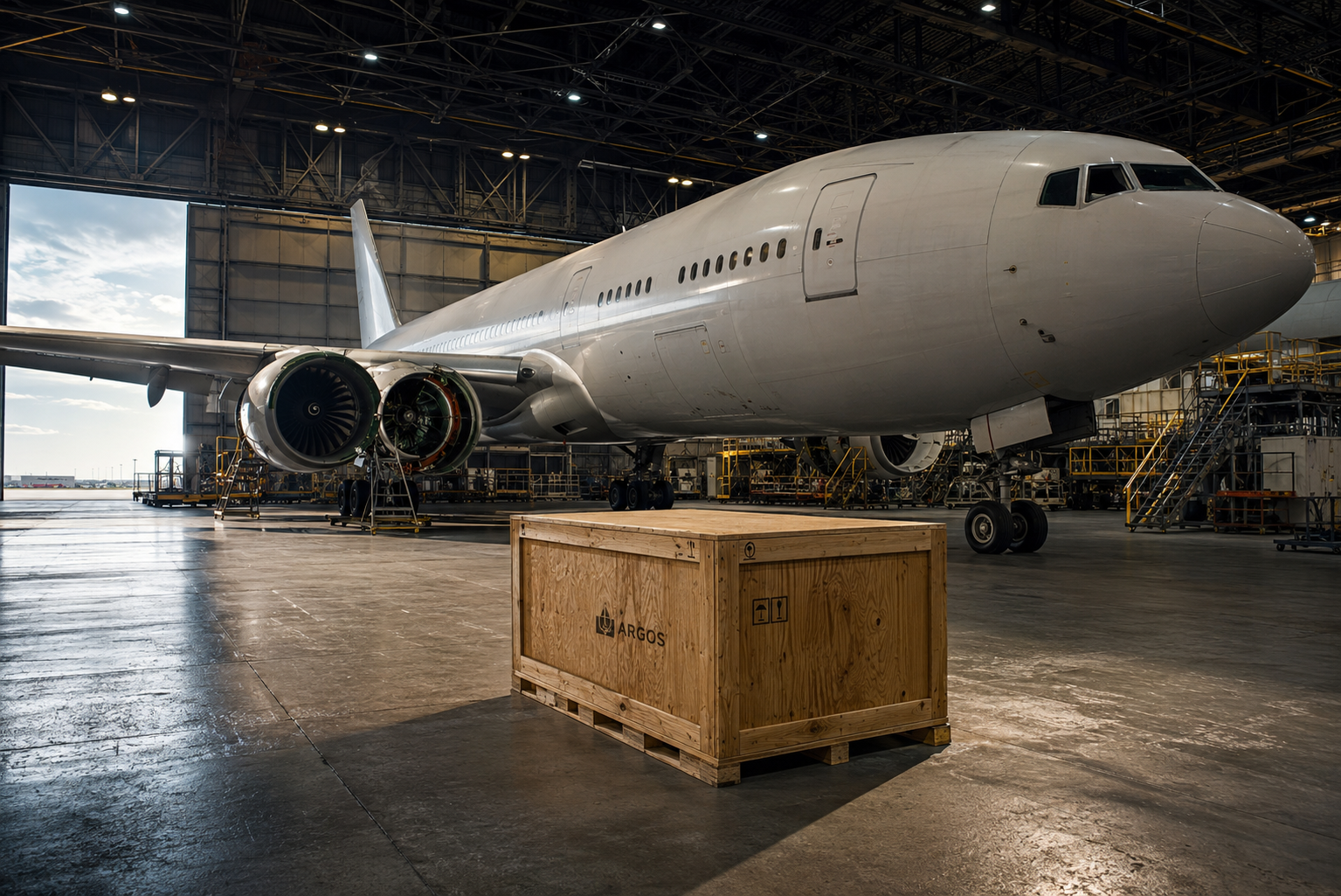 Custom wooden shipping crate on the floor of an aircraft maintenance hangar - AOG crating for aircraft parts near Pearson Airport Toronto