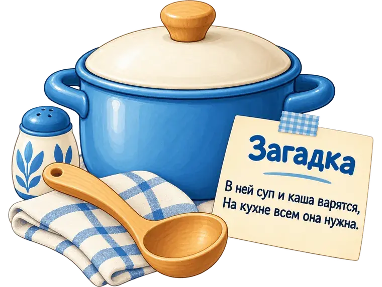 Синяя кастрюля с крышкой, деревянный половник и записка-загадка для домашнего квеста