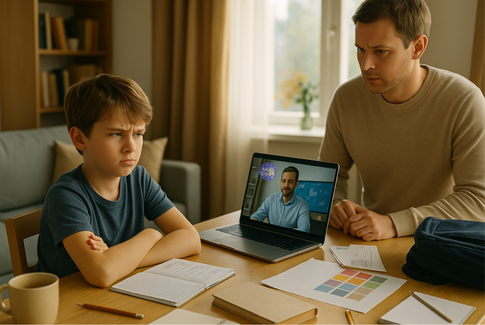 Ребёнок 10–13 лет сидит за столом с ноутбуком, скучает на онлайн-уроке, на экране видно улыбающегося репетитора, рядом стоит родитель с лёгким беспокойством, уютная домашняя атмосфера и мягкий дневной свет