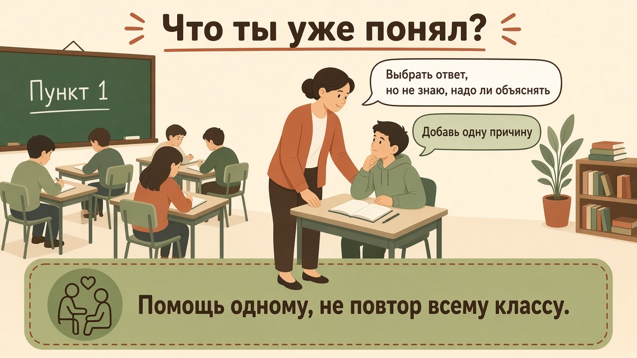 Класс уже работает, учитель спрашивает одного ученика «Что ты уже понял?» и уточняет один шаг