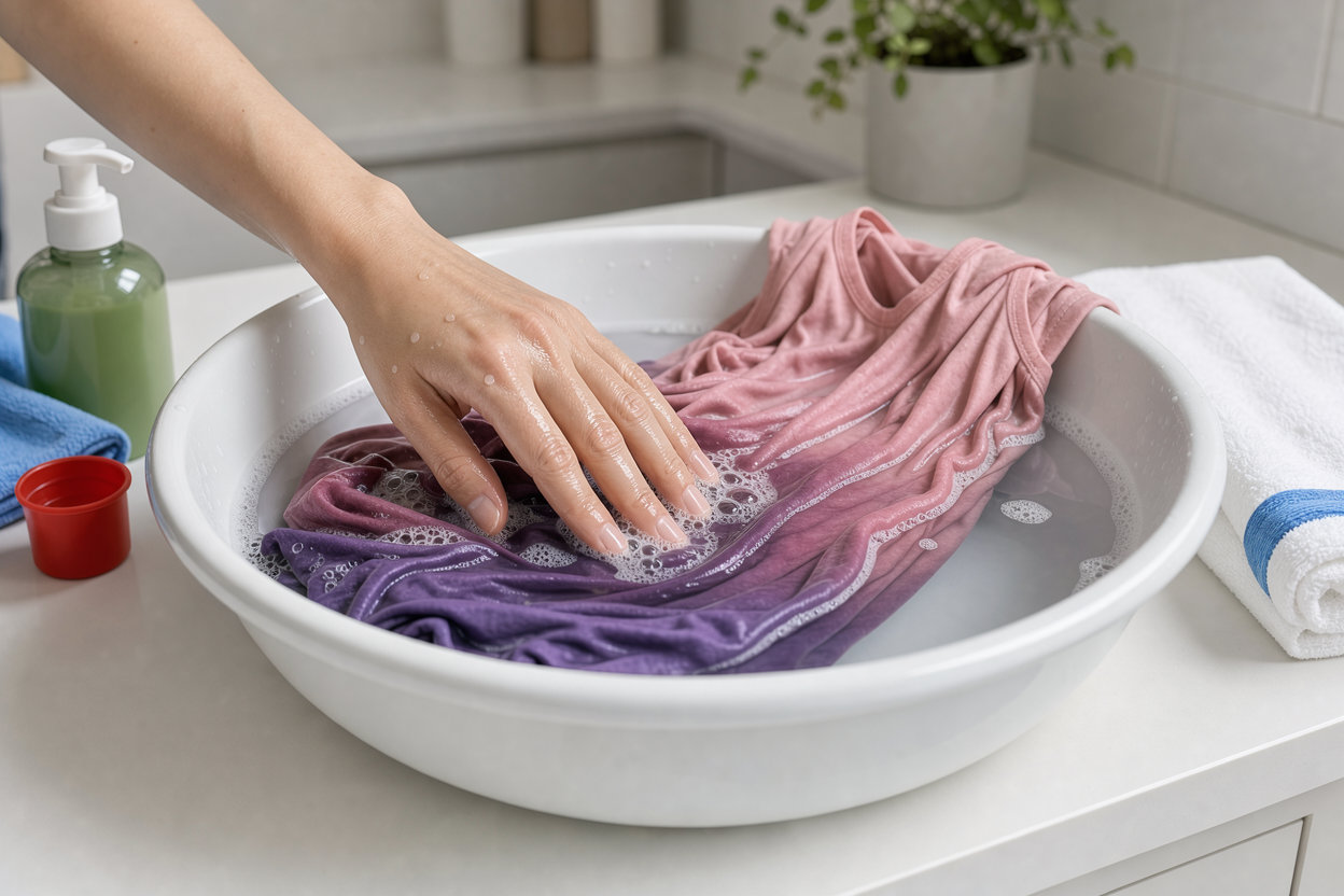 A gentle hand washing a lightweight viscose top in a basin, mild foam, towel beside basin for blotting, natural home setting