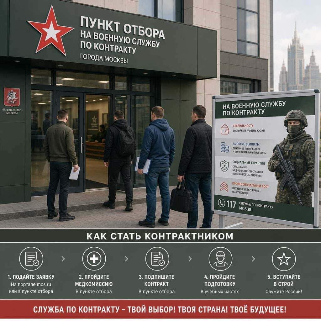 здание московского пункта отбора на военную службу по контракту с вывеской, у входа кандидаты с документами, рядом информационный стенд