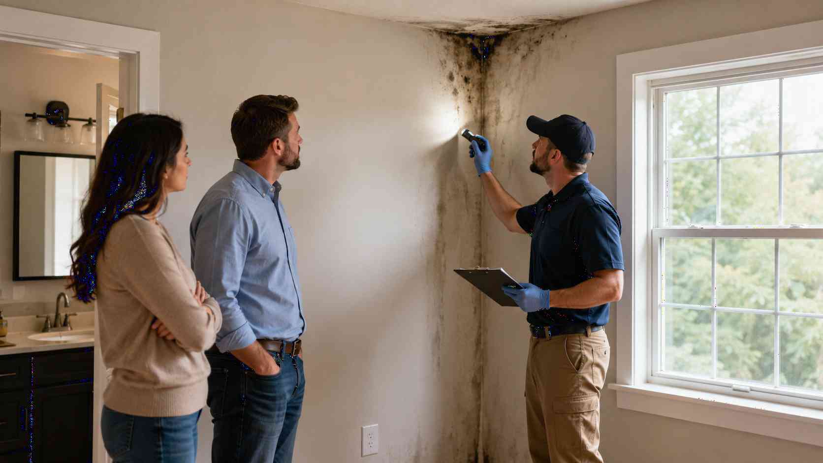 Mold in rental property Virginia with tenant property manager and mold inspector reviewing visible mold damage near a wall and window