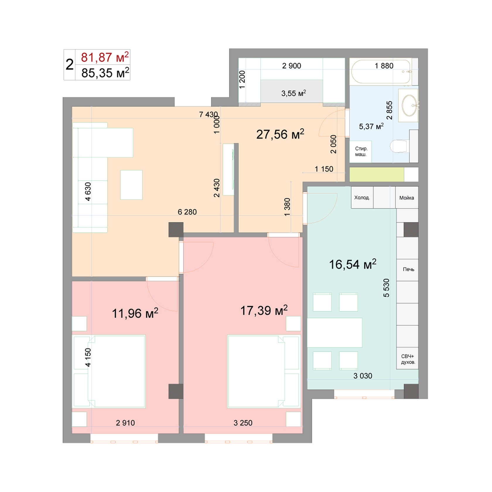 ЖК «Наследие» Нальчик, планировка квартира 85,35 м²