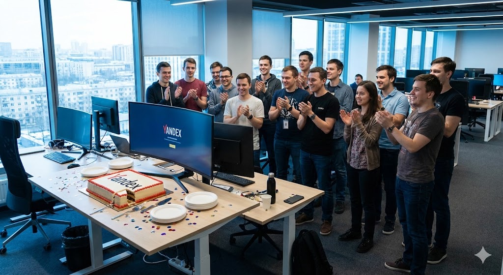 Сотрудники IT-компании празднуют день рождения проекта в офисе 