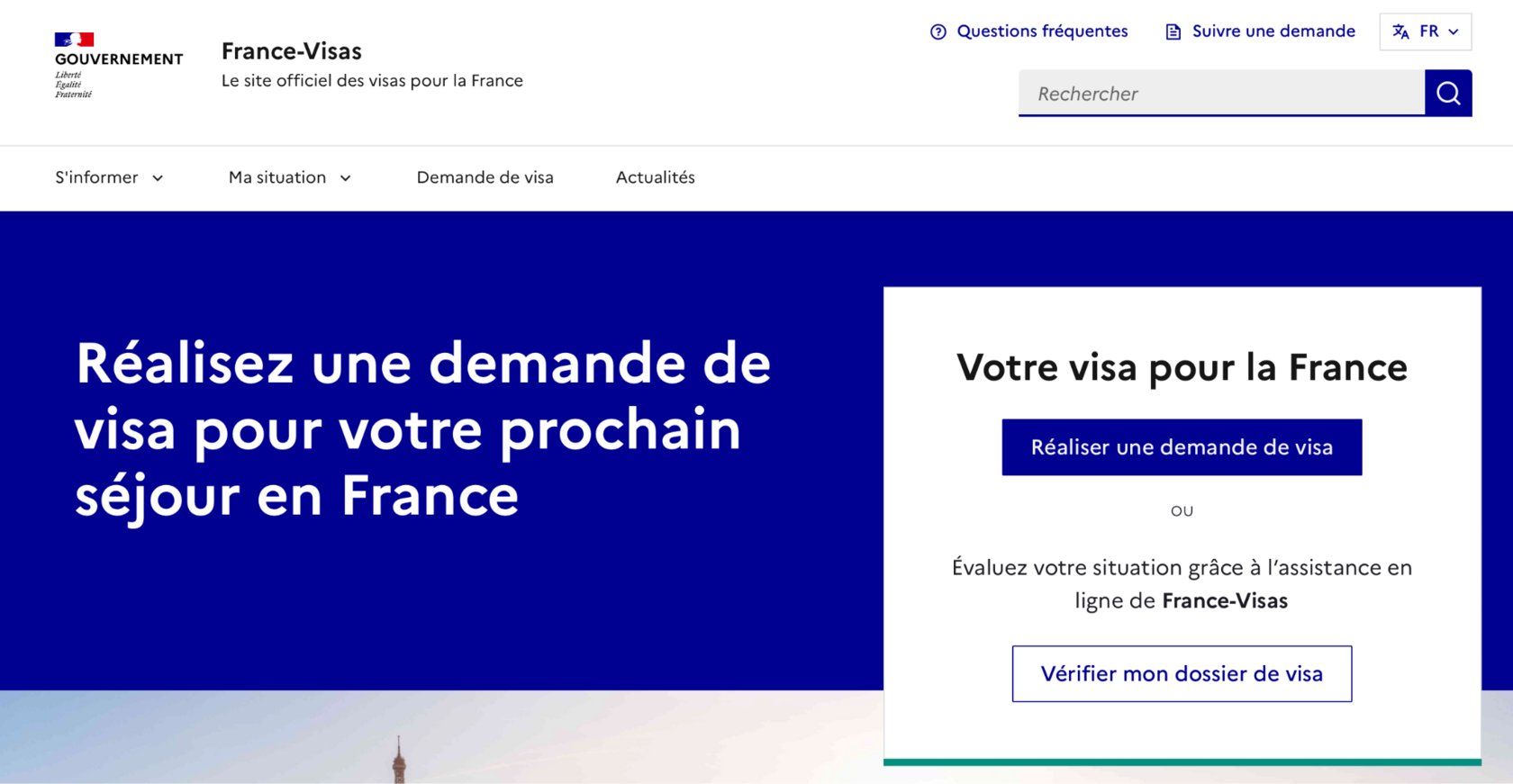 Главная страница официального государственного сайта France-Visas, где заполняется анкета на долгосрочную визу D и визу визитера во Францию.