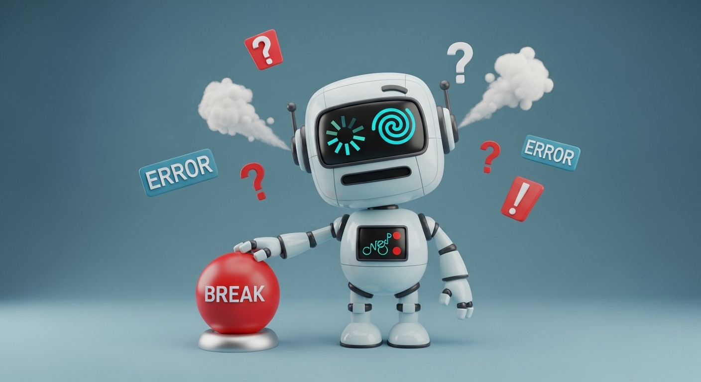 Бесконечный цикл в программировании: зависший робот как метафора ошибки в коде.