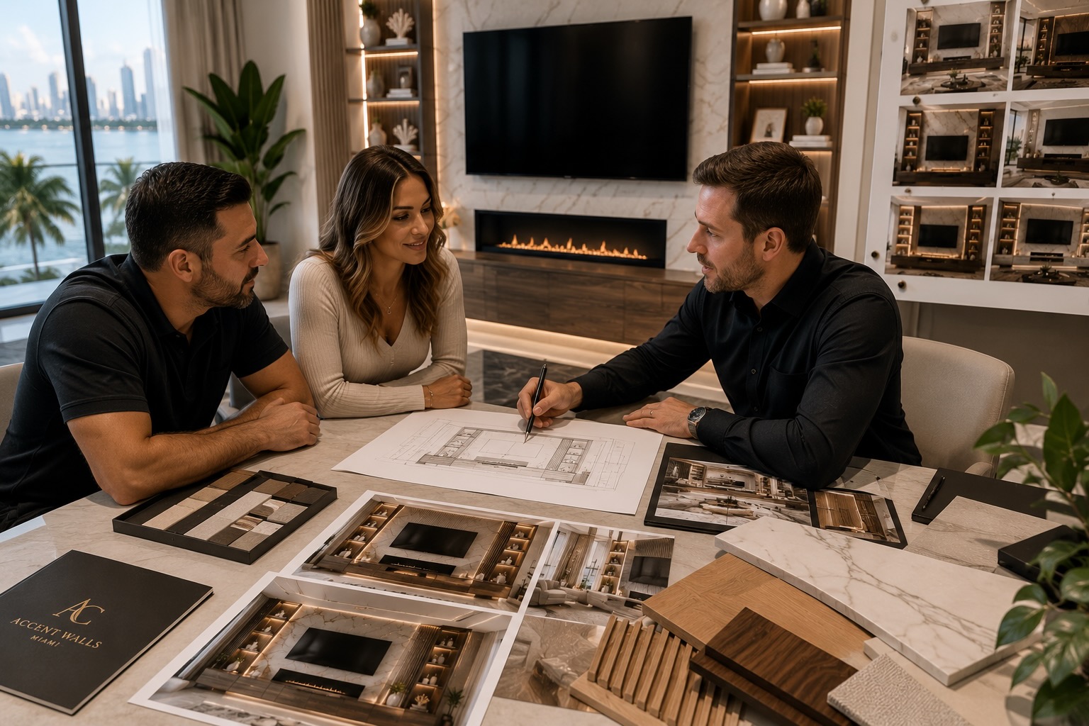 Design consultation featuring homeowners reviewing custom media wall plans, premium material samples, architectural drawings, and interior inspiration with a designer in Miami.