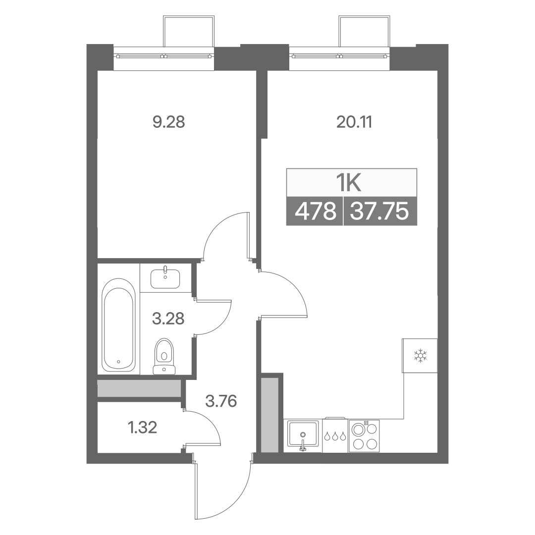 Планировка однокомнатной квартиры 37.75 м² в ЖК Новая Львовская