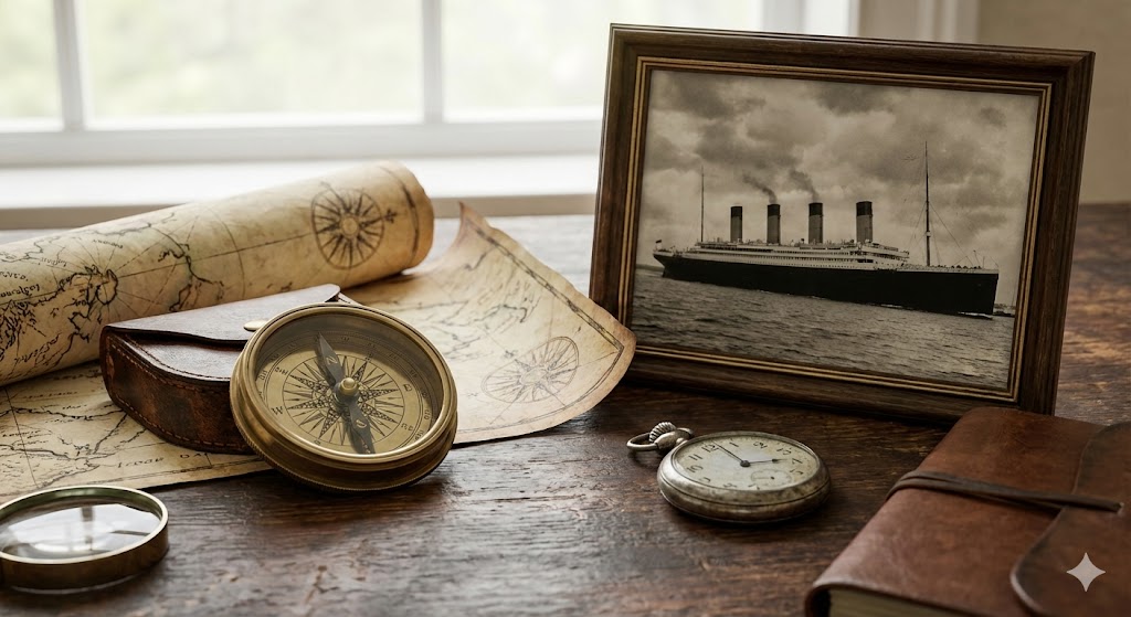 Натюрморт с морскими картами и часами, остановившимися на времени гибели Титаника