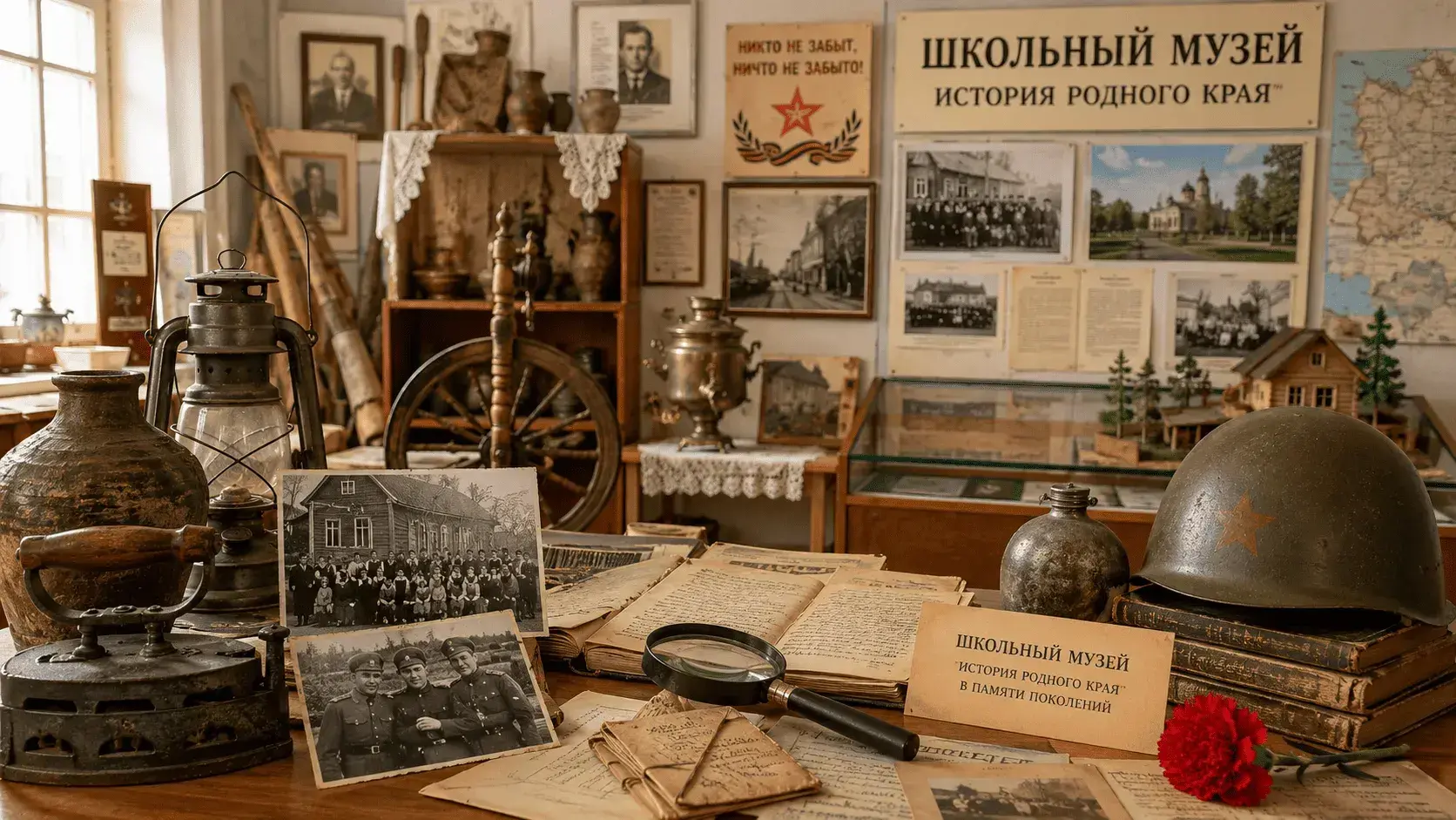 Экспозиция школьного краеведческого музея с подлинными предметами крестьянского быта, фронтовыми письмами, архивными фотографиями, документами и музейными витринами, посвящённая истории родного края и сохранению историко-культурного наследия.