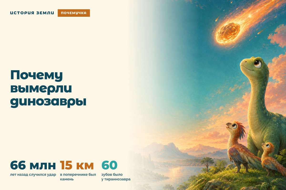 Почему вымерли динозавры: 66 млн лет назад, камень 15 км в поперечнике, 60 зубов у тираннозавра