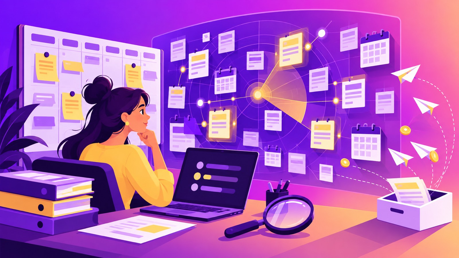 Open EU funding calls illustration: a founder scanning a radar of grant calls and pinning deadlines to a weekly planner