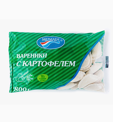 Вареники «С картофелем» от производителя Мерилен — замороженные полуфабрикаты с картофельной начинкой и жареным луком, мягкое тесто. Упаковка: 800 гр. Удобны для быстрого приготовления.
