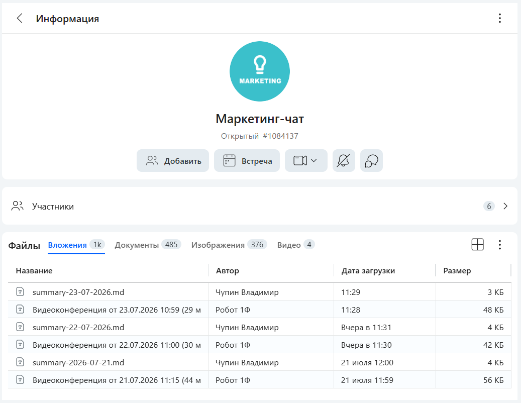 Информация о чате в мессенджере «Первой Формы»