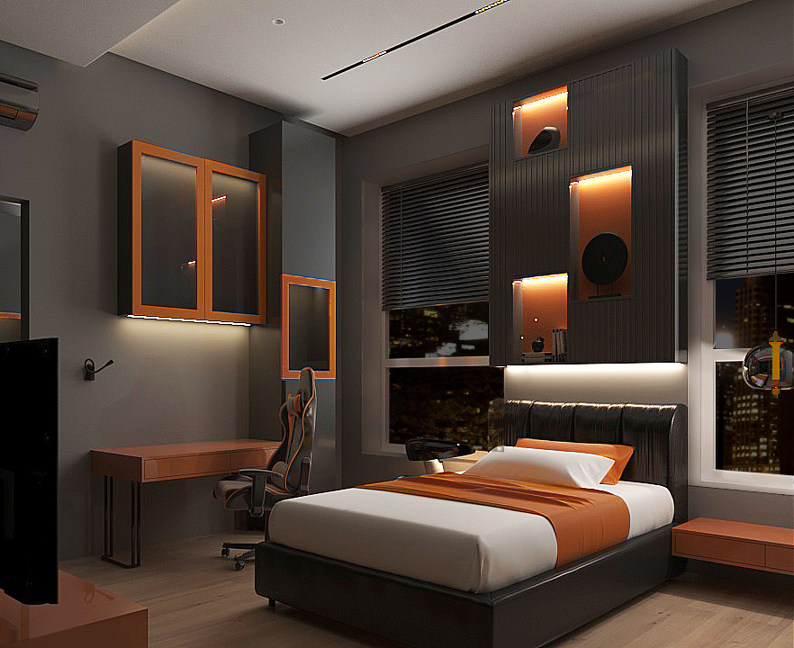дизайн тёмно-серой комнаты мальчика с оранжевыми акцентами, светящимися полками над изголовьем кровати