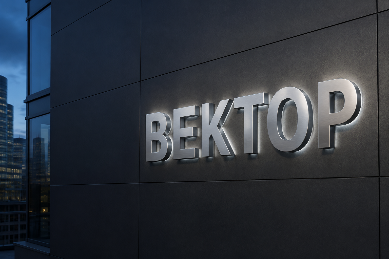 3D-рендер стальной вывески «ВЕКТОР» с контражуром на фасаде