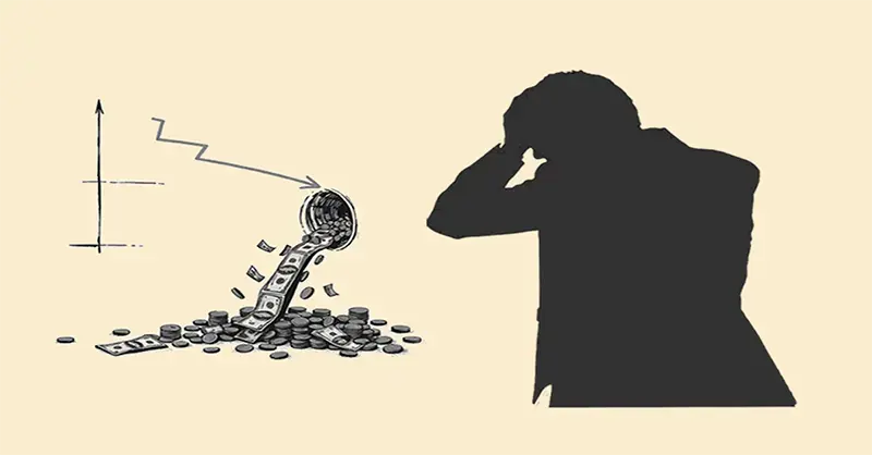 On a beige background, on the left—a downward cash flow chart ending in a pipe spilling coins and banknotes; on the right—a silhouette of an entrepreneur holding their head in frustration.