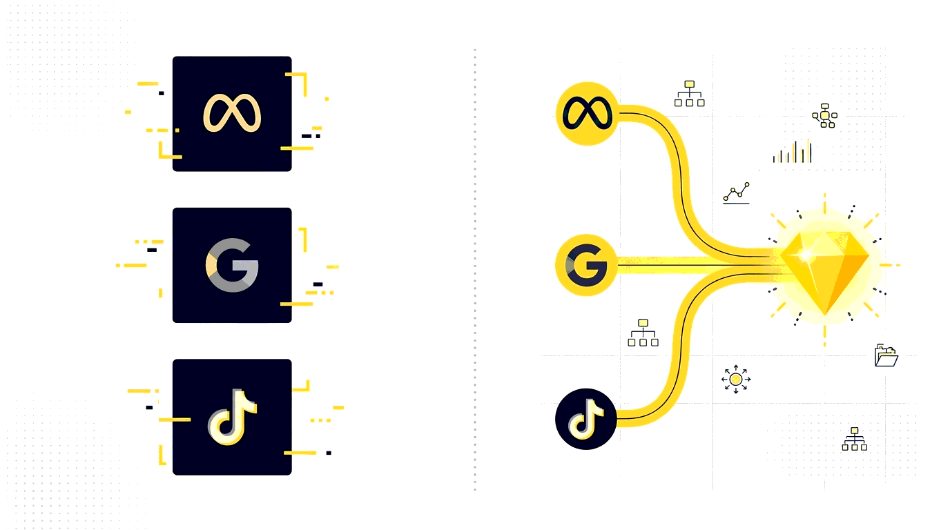 A flat editorial illustration showing three disconnected platform dashboards versus a unified budget allocation flow.