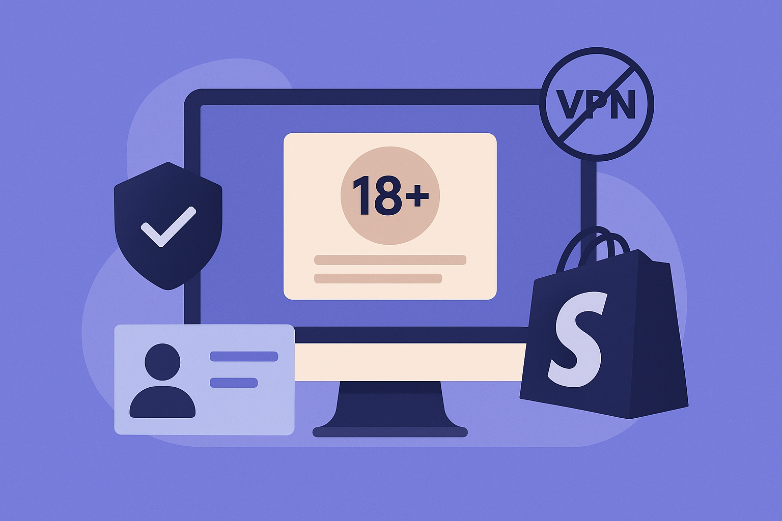 Illustration of age verification for online shopping: A computer screen displays “18+” content, surrounded by a security shield, an ID card, a no-VPN icon, and a Shopify shopping bag, all set against a purple background.